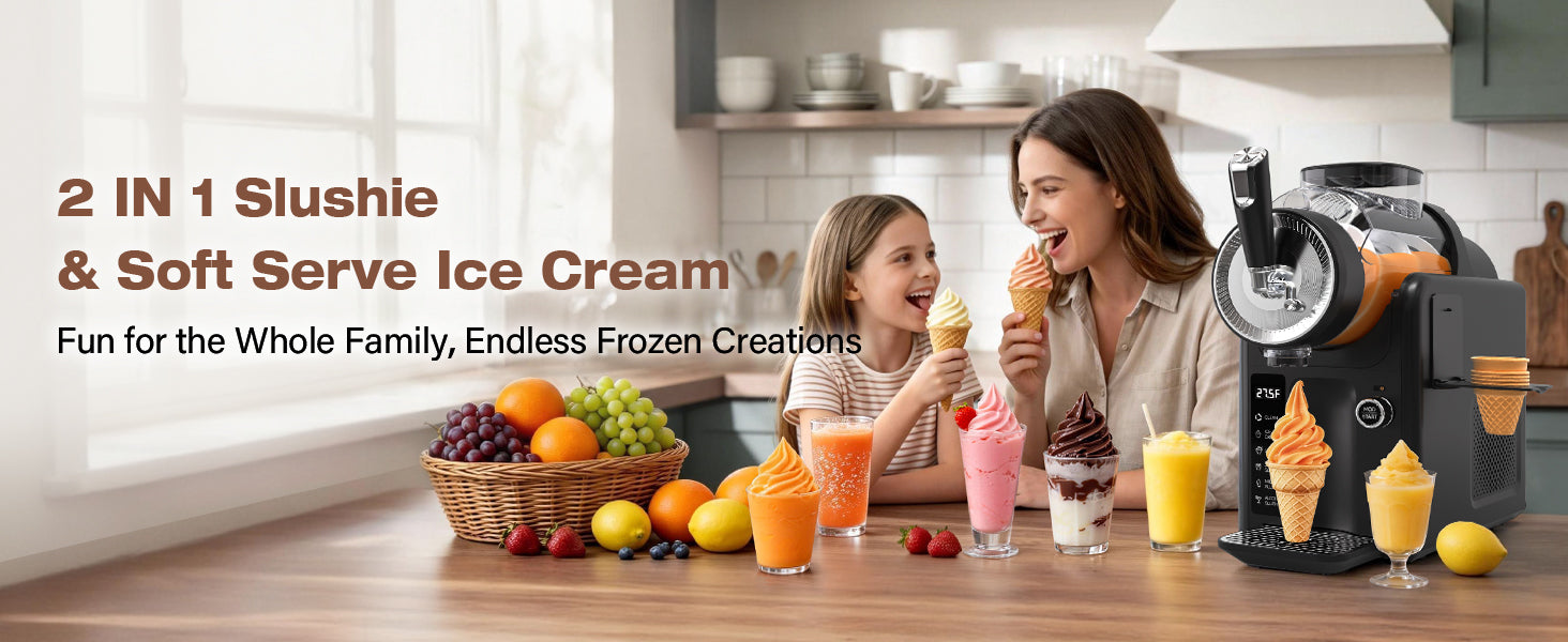 SYINTAO Slushie Machine No Ice Needed, 2-in-1 Frozen Drink & Soft Serve Ice Cream Maker, Self-Chilling Slushy Maker with 5 Presets, LED Display & Auto Clean for Home & Party