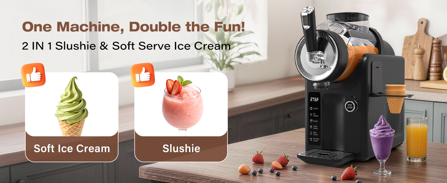 SYINTAO Slushie Machine No Ice Needed, 2-in-1 Frozen Drink & Soft Serve Ice Cream Maker, Self-Chilling Slushy Maker with 5 Presets, LED Display & Auto Clean for Home & Party